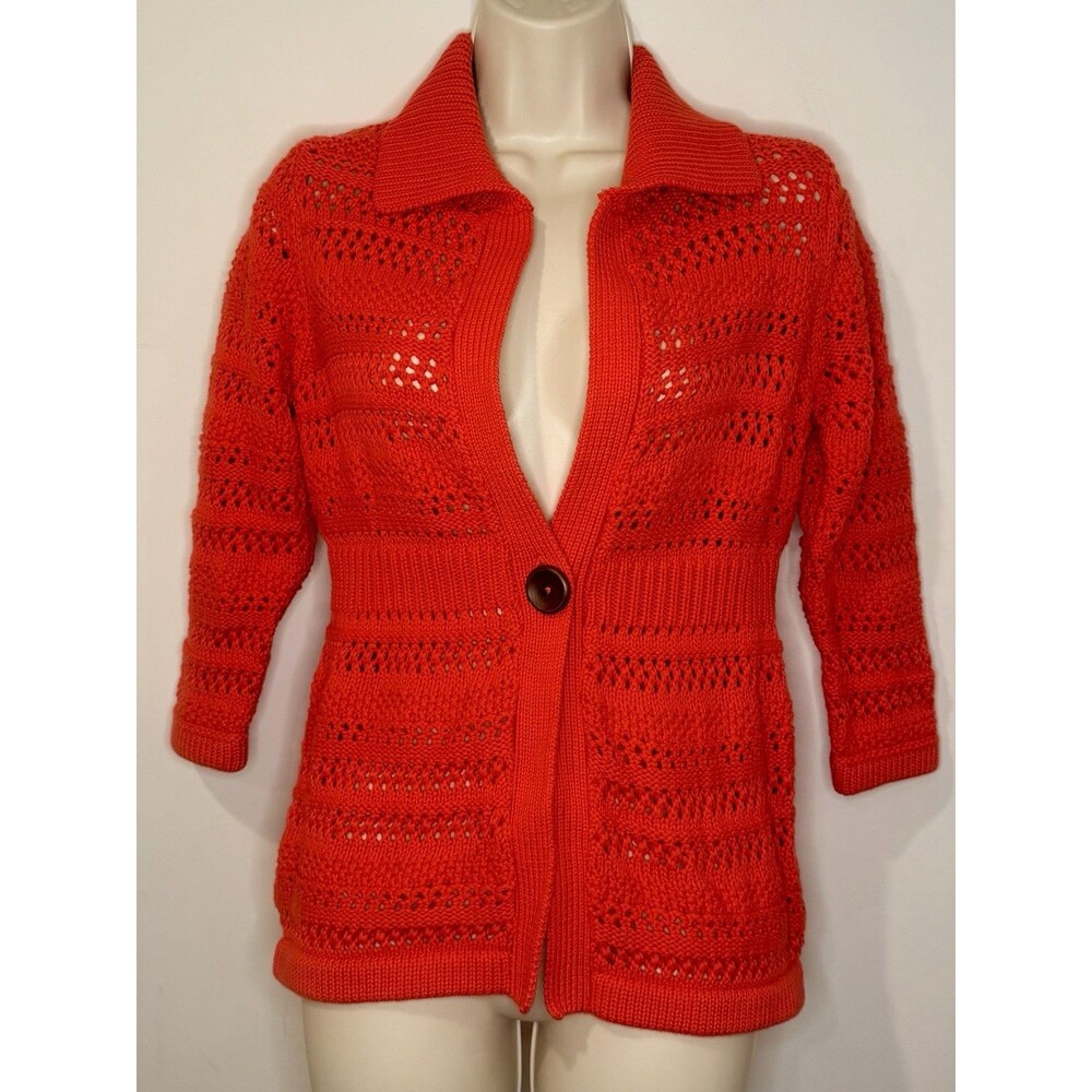 Boden Red Crochet Open Knit Red Collared One Button Sweater Cardigan Size 8 EUC!